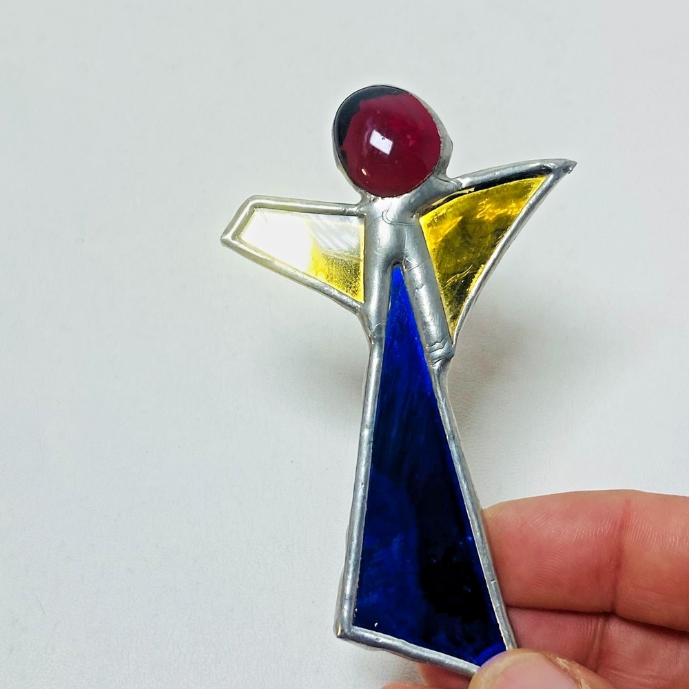 Vintage Blue Yellow Red Signed Stained‎ Glass Silver Tone Angel Pin Brooch 3"